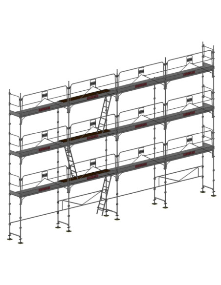 Lot d'échafaudage façadier DUO45+ équipé de garde-corps à montage en sécurité permettant de travailler sur une surface de 80m².